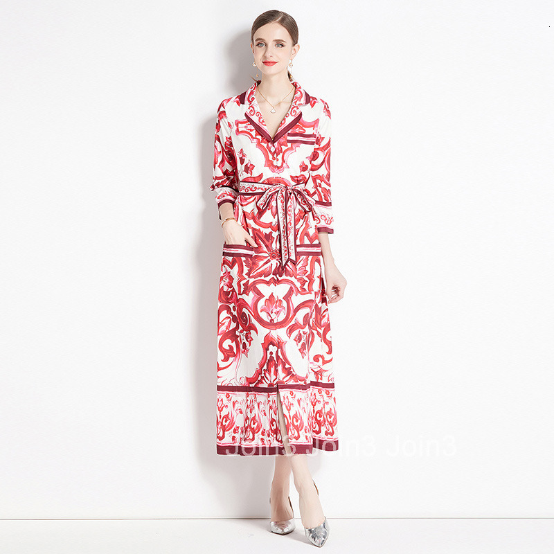 8701 Fashion Blue and White Porcelain Print Loose Pocket Mid-Sleeve Suit Collar Shirt Long Dress