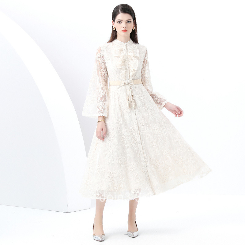 6168 Early Spring New Womens Vacation Style Stand Collar Lace Embroidered Floral Print Flared Long Dress