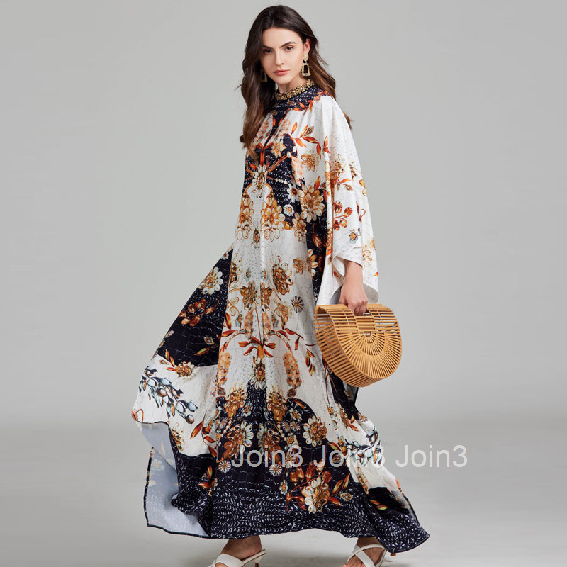 671 Autumn New Womens Vacation Style Printed Round Neck Split Long Skirt with Nail Drill Loose Dress