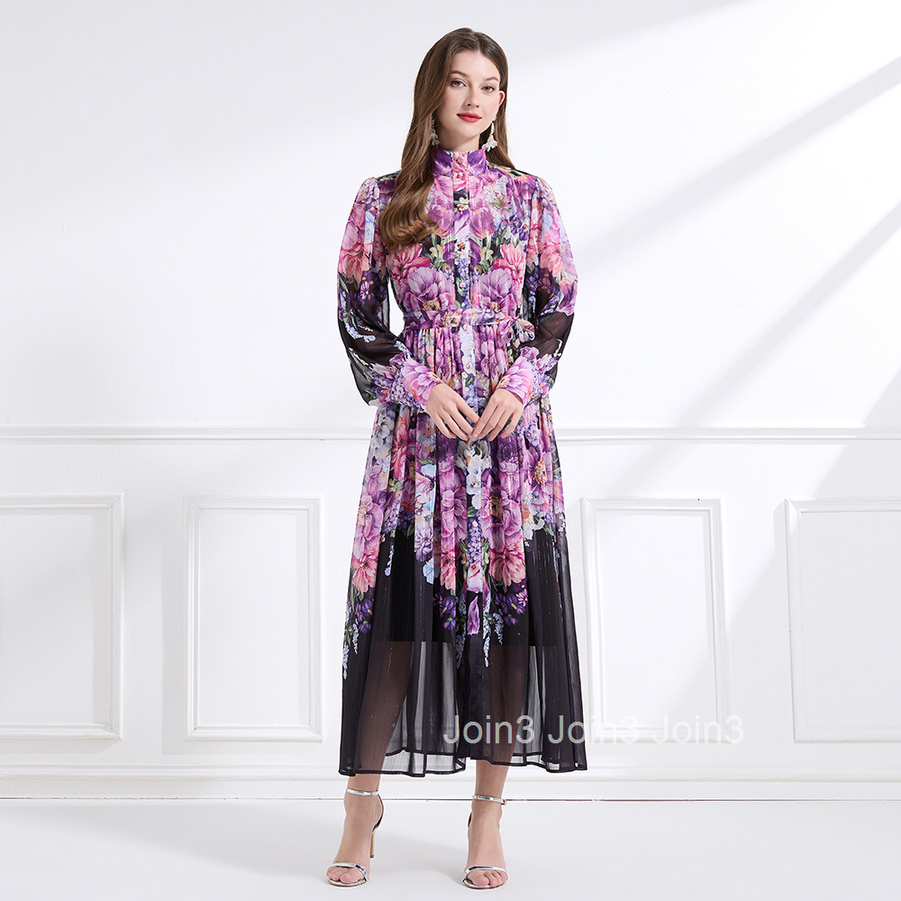 2187 Stand Collar New Womens Printed Lantern Sleeve Waist Cinching Flared Long Dress Two-Piece Set