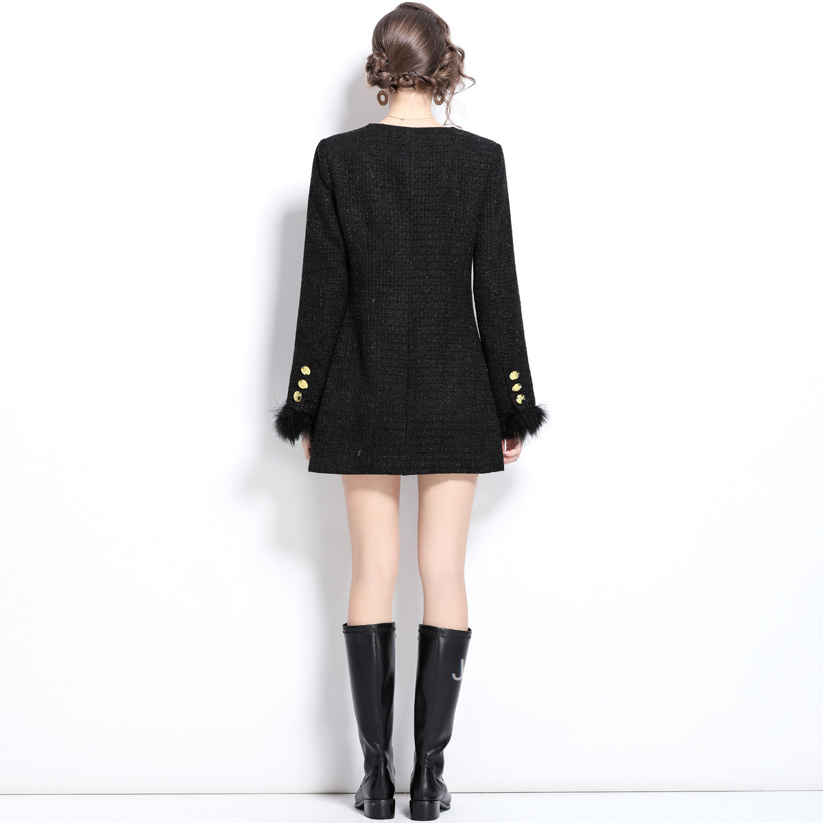 5854 Spring and Autumn new womens black suit dress with temperament plush cuffs slim fit short skirt