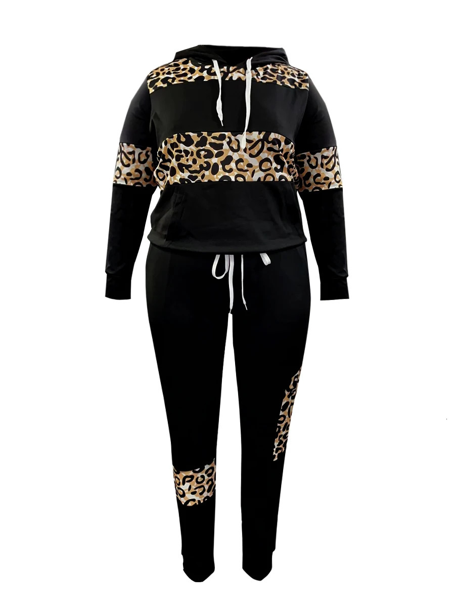 LW Plus Size Hooded Collar Leopard Print Tracksuit Set Drawstring Long Sleeve Hoodie Pocket Pants Two-Pieces Set 250714