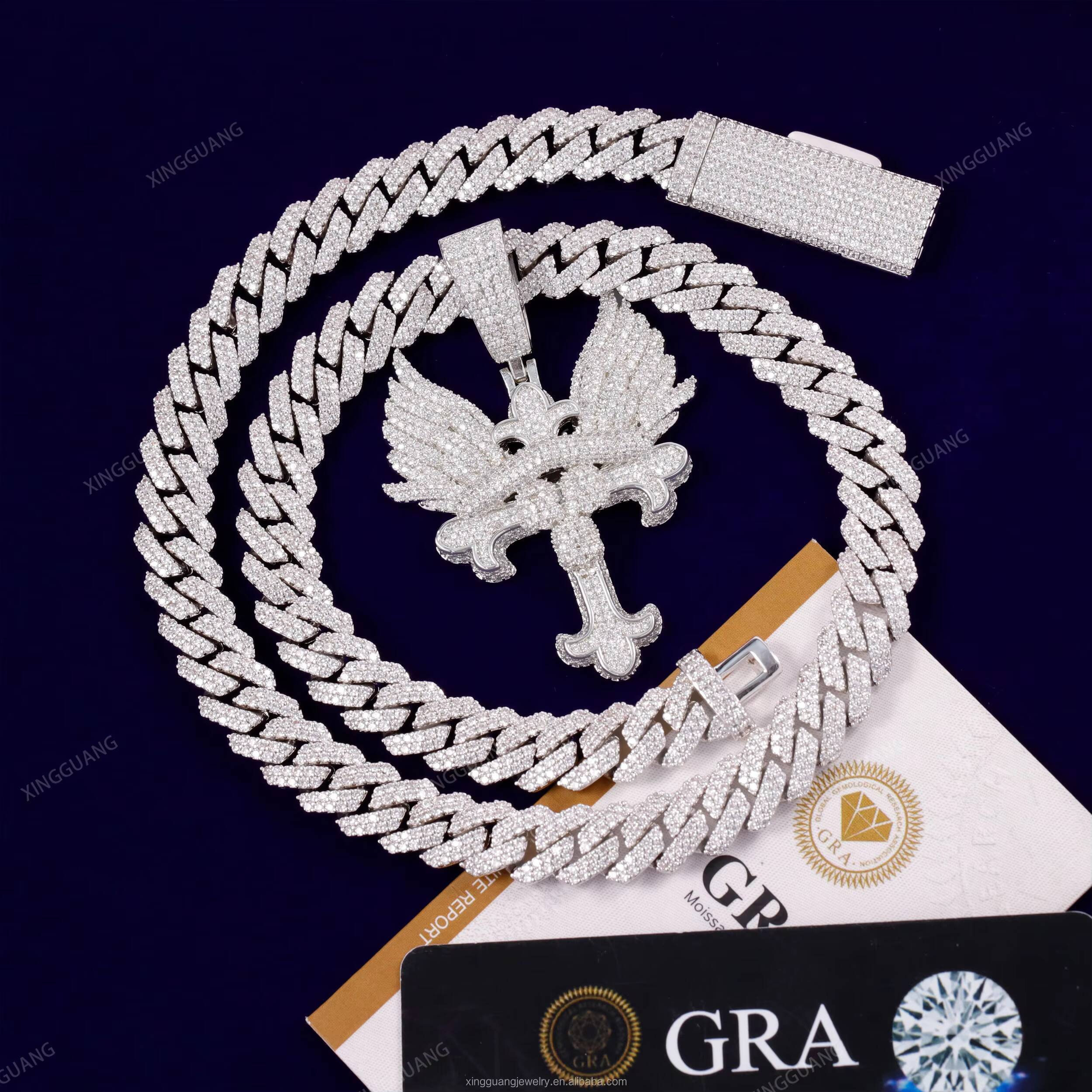 XG 100% Pass Diamond test Sterling Silver VVS Moissanite Diamond Iced Out Cuban Link Chain Necklace/Bracelet for Hiphop Life