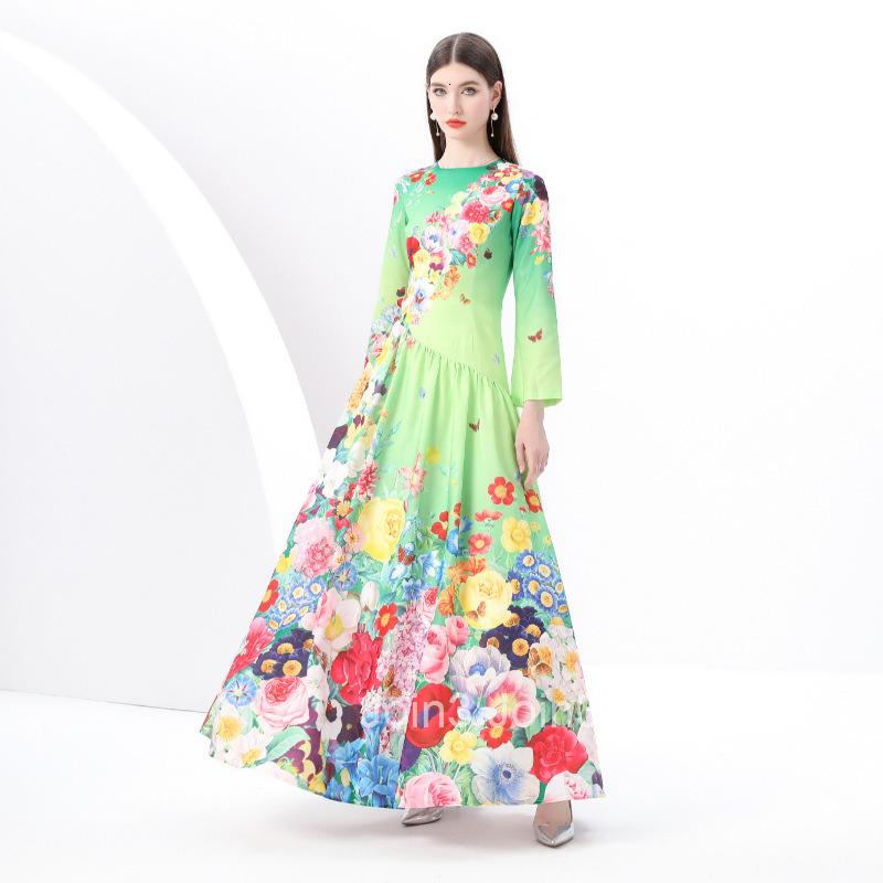 6190 early spring new womens clothing temperament round neck long sleeved painted printed large swing long skirt dress