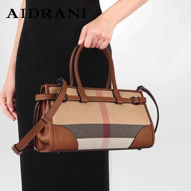 Aidrani Genuine leather women's handbag large capacity plaid canvas splicing cowhide square bag