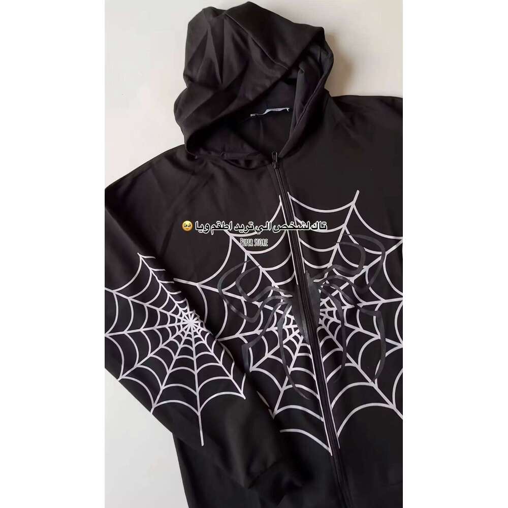 Dark Spider Web Printed Goth Black Hoodie Sweatshirt Zipper Streetwear Y2k Oversized Jacket Mens Womens Coats Interesting