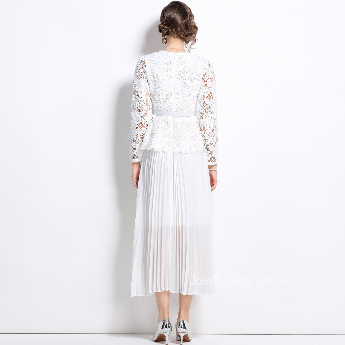 1673 autumn new womens clothing temperament white square collar lace patchwork dress slim fit waist cinching pleated skirt