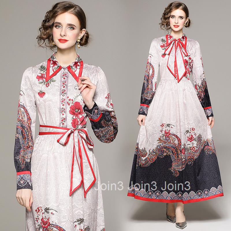 8686 Spring and Autumn Fashion Color-Block Paisley Print Long Dress with Bow Tie and Tie