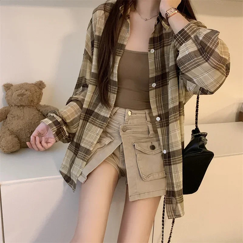 Top Sheer Chiffon Plaid Shirt Long Sleeve Button Up Collared Oversize Checked Shirts and Blouse Summer Casual Outfit 250717