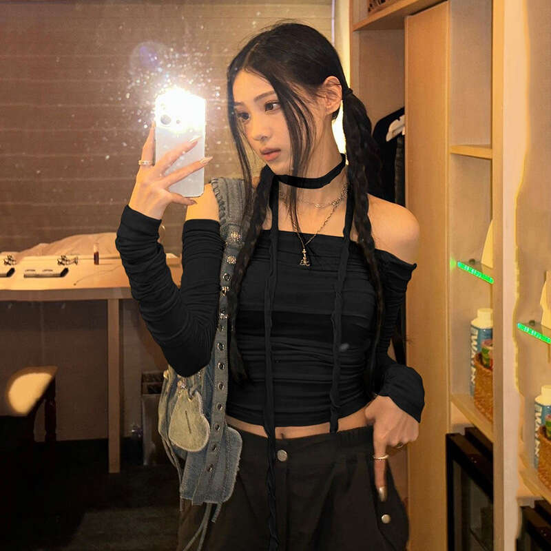 2024 Autumn New Women's Solid Color Slim Fit Crop Fashion Off-Shoulder Long Sleeve Backless Top e87