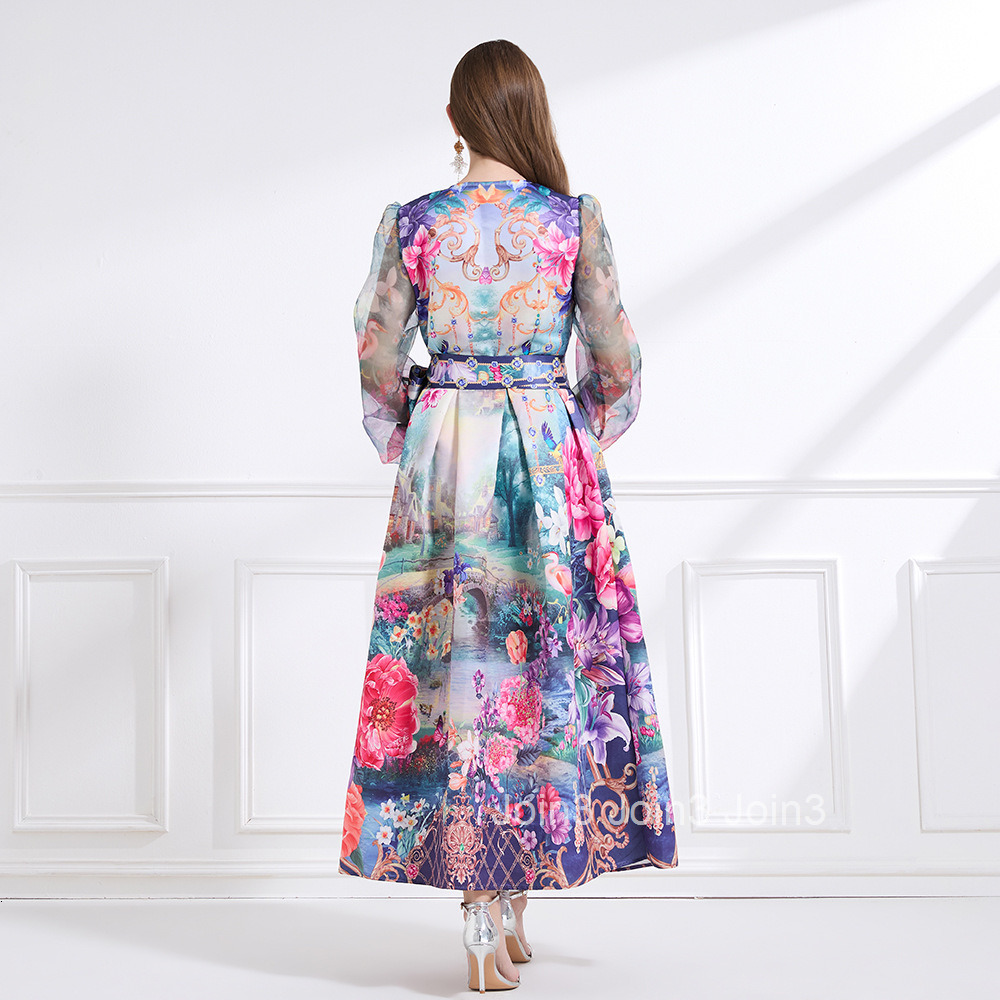 2180 Spring New Womens Vacation Style Tie Wrap Dress Lantern Sleeve Printed Flared Long Dress