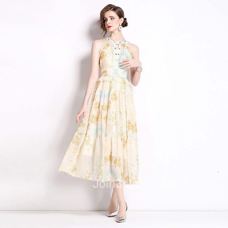1023 Summer New Beach Vacation Flowing Printed Halter Dress