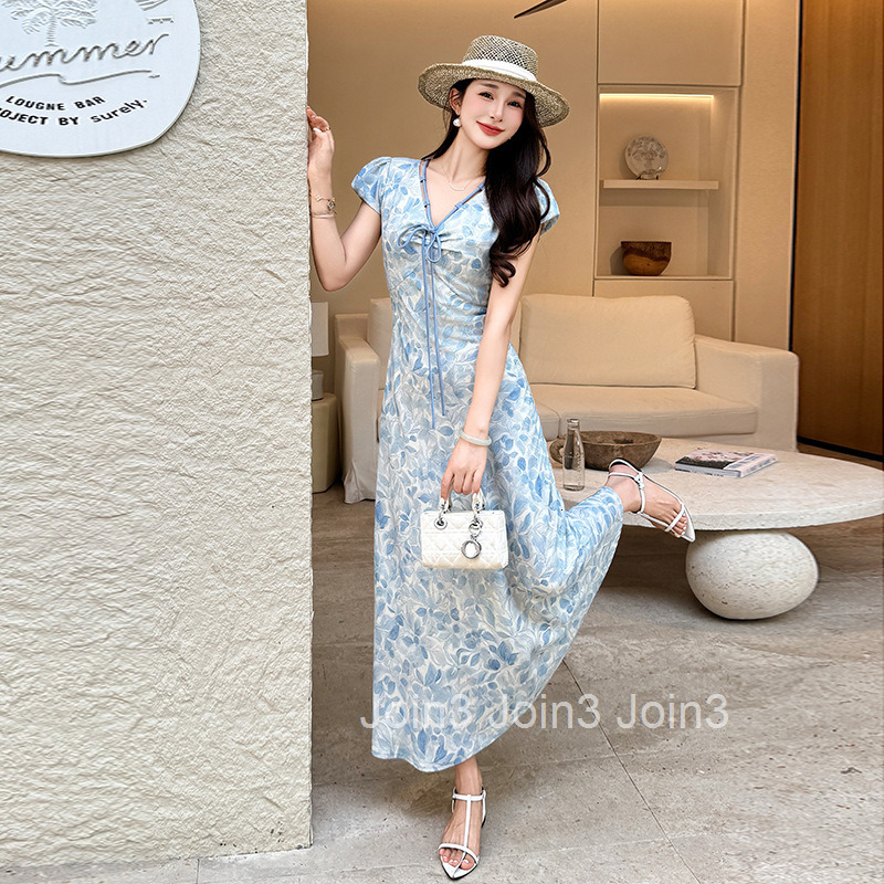 Summer Elegant Waist-Cinching Blue Floral French Short Sleeve Dress