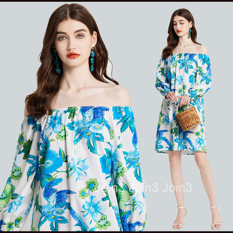037 Summer New Womens Fashionable Printed Off-Shoulder Long Sleeve Loose Short Dress