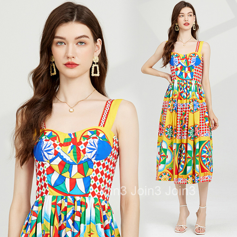 605 summer new womens printed three-dimensional strapless suspender dress with elastic back and high waist skirt