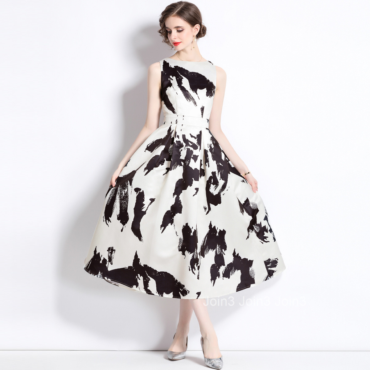 9068 Summer New Ink Art Print Round Neck Sleeveless High Waist A-Line Korean Style Slimming Dress Womens Umbrella Skirt