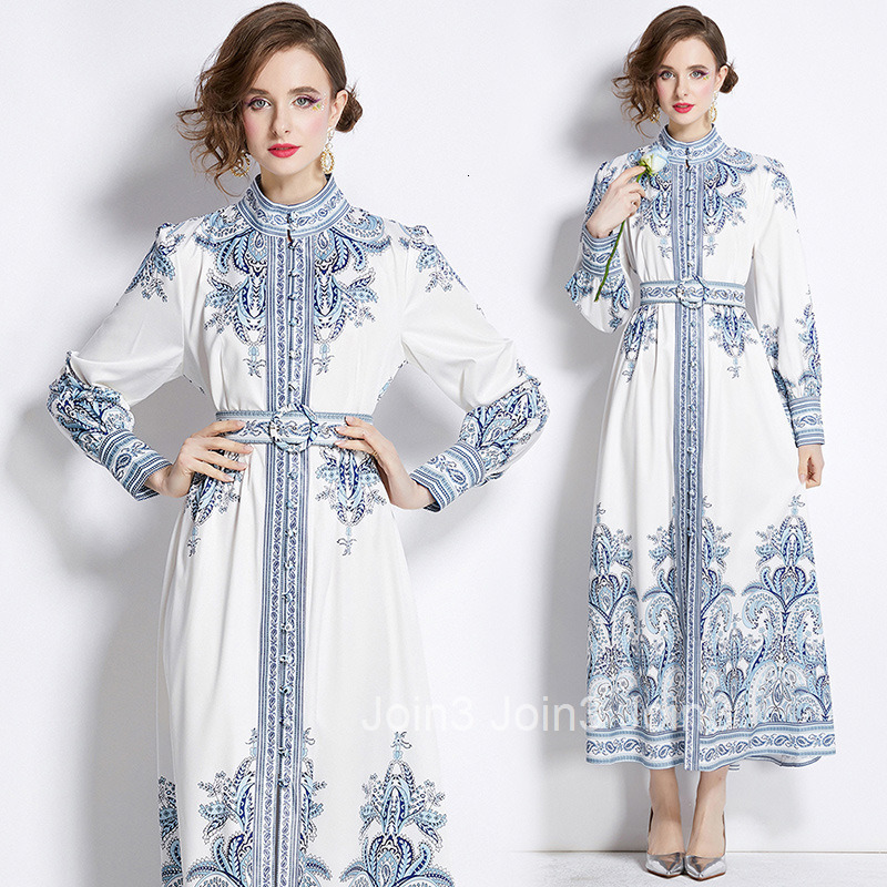 8746 Fashion Elegance Style Stand Collar Single-Breasted Printed Dress