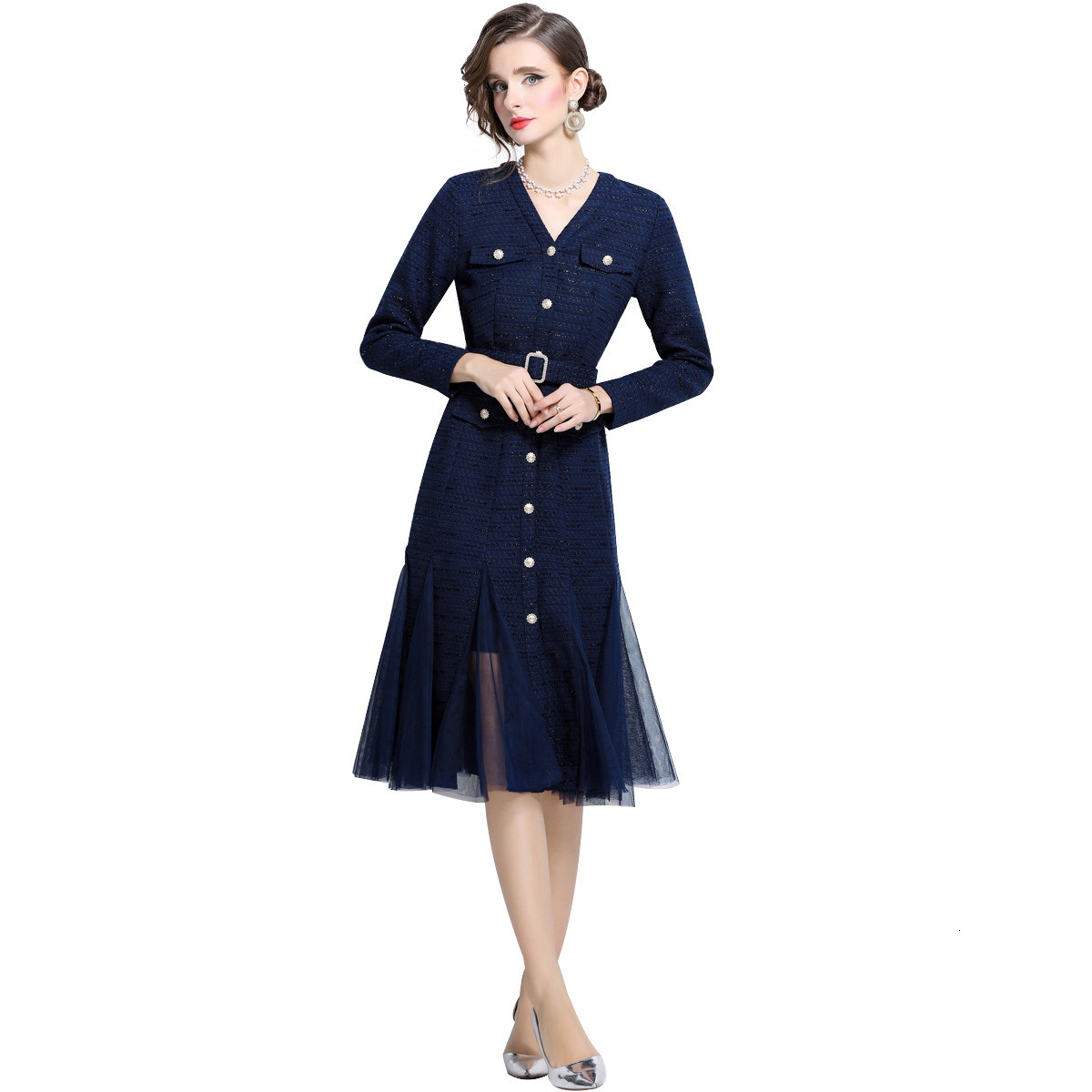 6898 autumn new womens clothing style slim fitting and slimming mesh splicing long sleeved fishtail dress