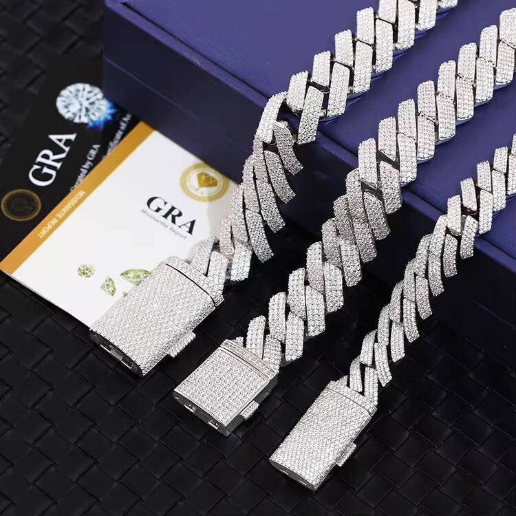 Factory Wholesale Custom 20mm 3 Rows Vvs Moissanite Cuban Link Chain Bracelet 925 Silver Men Hip Hop Cuban Chain Necklace