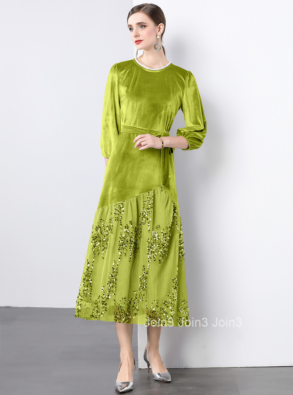 9865 temperament lace sequin spliced velvet dress