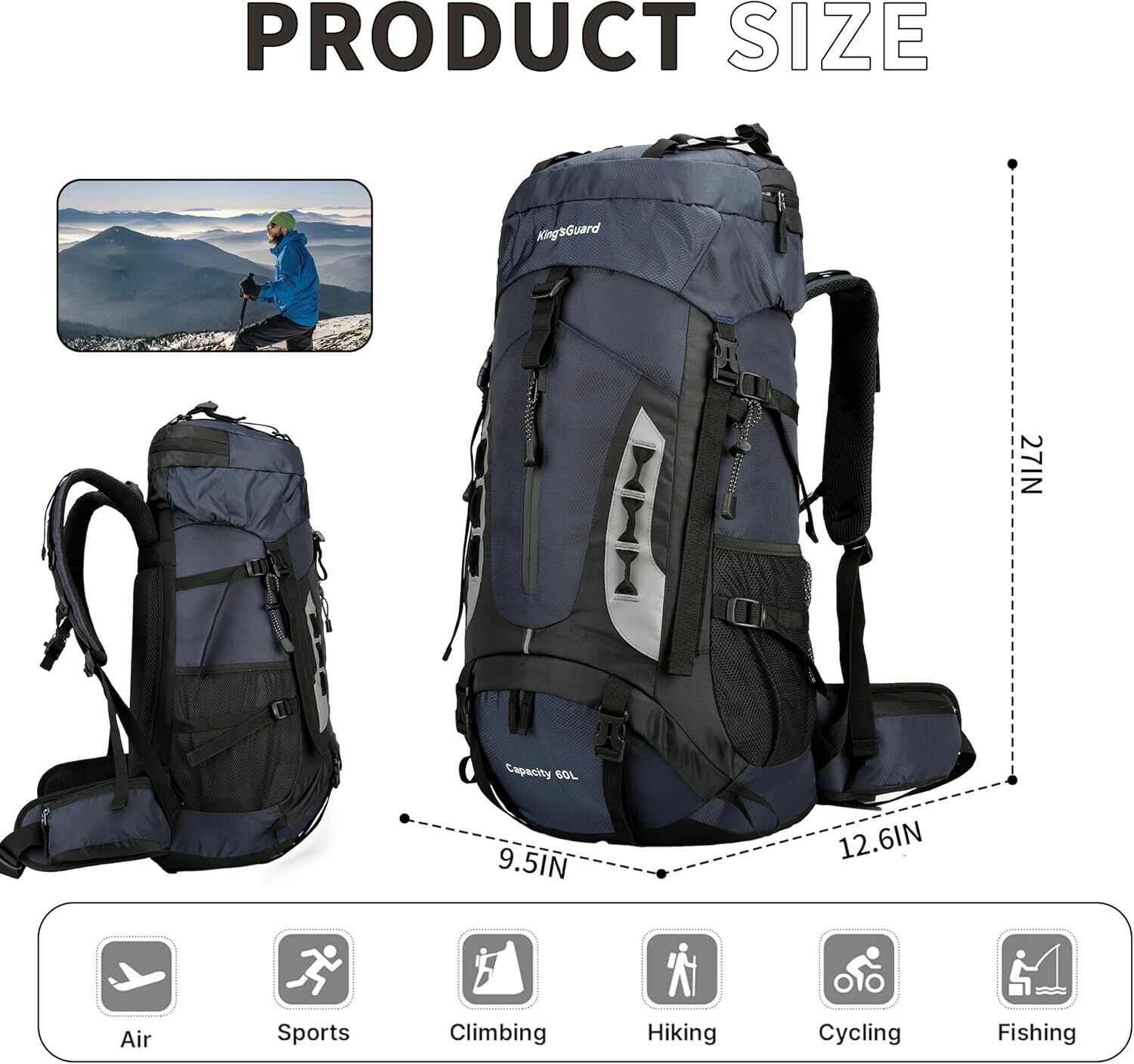 YMX 615 619 King'sGuard 60L Hiking Men Women Camping Backpack Waterproof Backpacking Mountaineering Climbing Daypack (Navy)