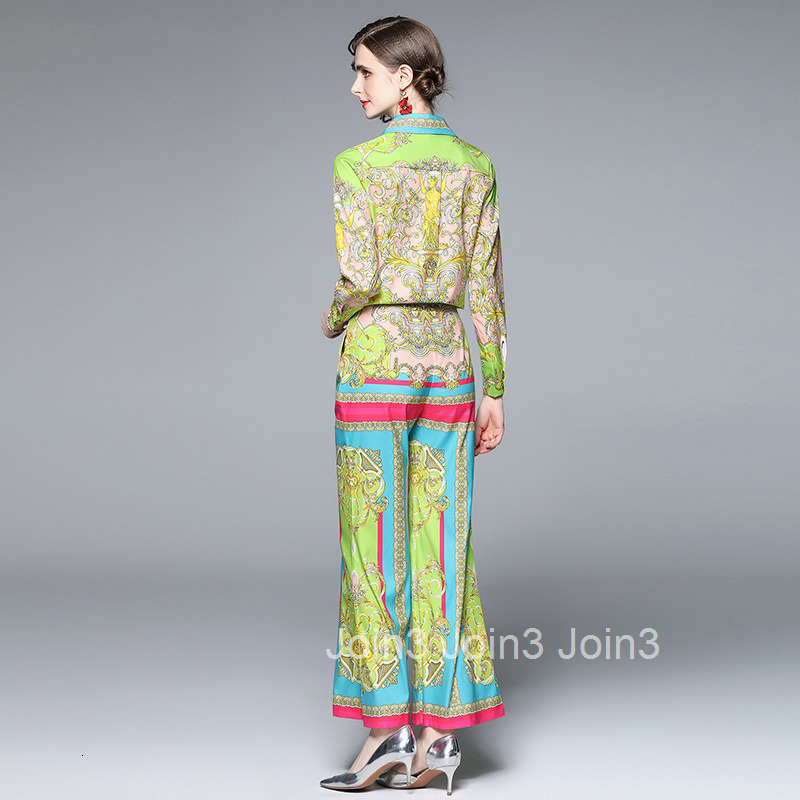 1017 runway style printed lapel long sleeved shirt high waist wide leg pants stylish set