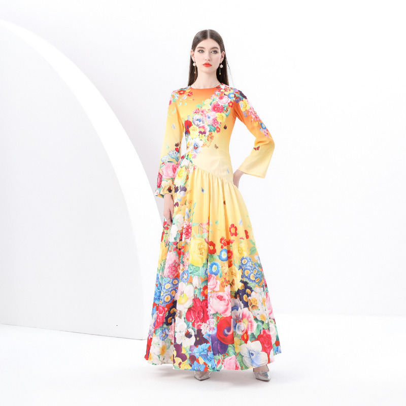6190 early spring new womens clothing temperament round neck long sleeved painted printed large swing long skirt dress