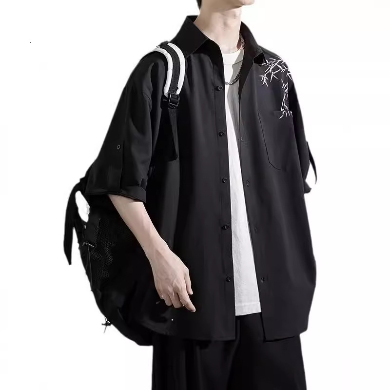 Ice Silk Shirt Men Short Summer Trendy Brand Bamboo New Men's Clothing Chinese Style Top Loose Casual Three Quarter Sleeve
