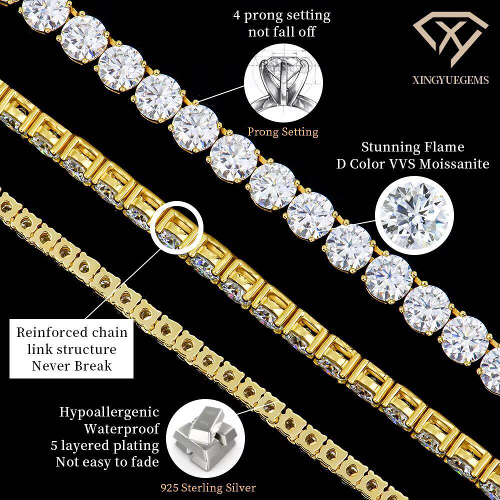 Tennis Necklace 925 Sterling Silver 18K Gold Plated 3/4mm Round Cut Moissanite Diamond Tennis Chain for Women and Men 4 Prong