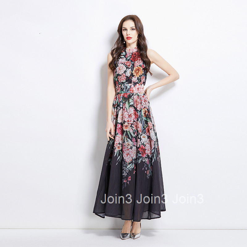 2747 Spring Summer Vacation New Oil Painting Flower Print Halter Neck Long Dress