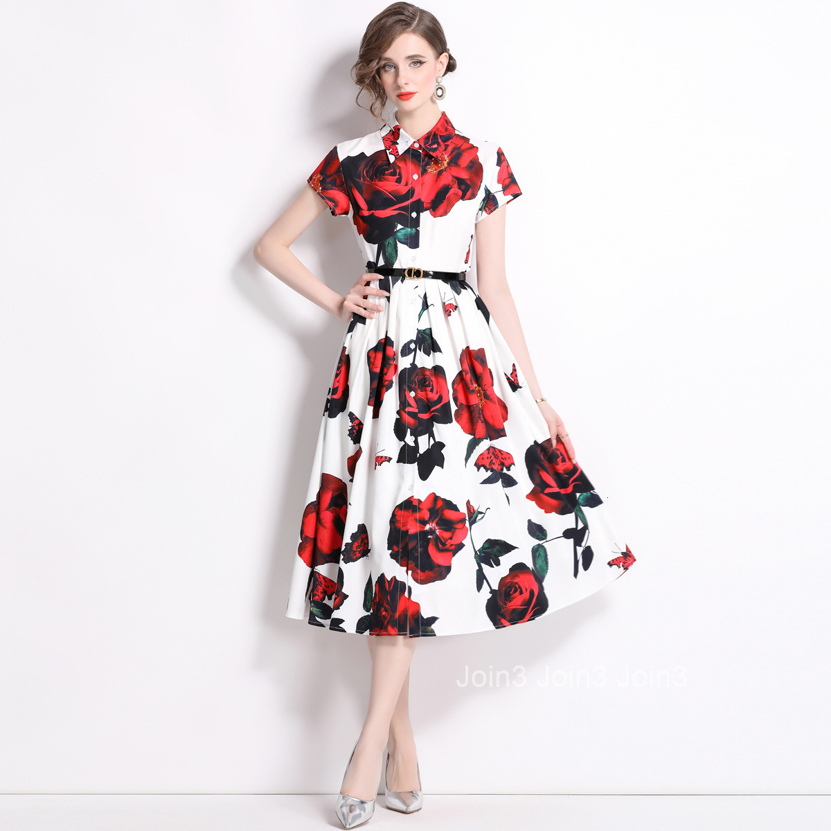 6861 Summer New Rose Print Mid-Length Dress Slim Fit Turn-Down Collar A-Line Dress Flared Dress (With Belt)