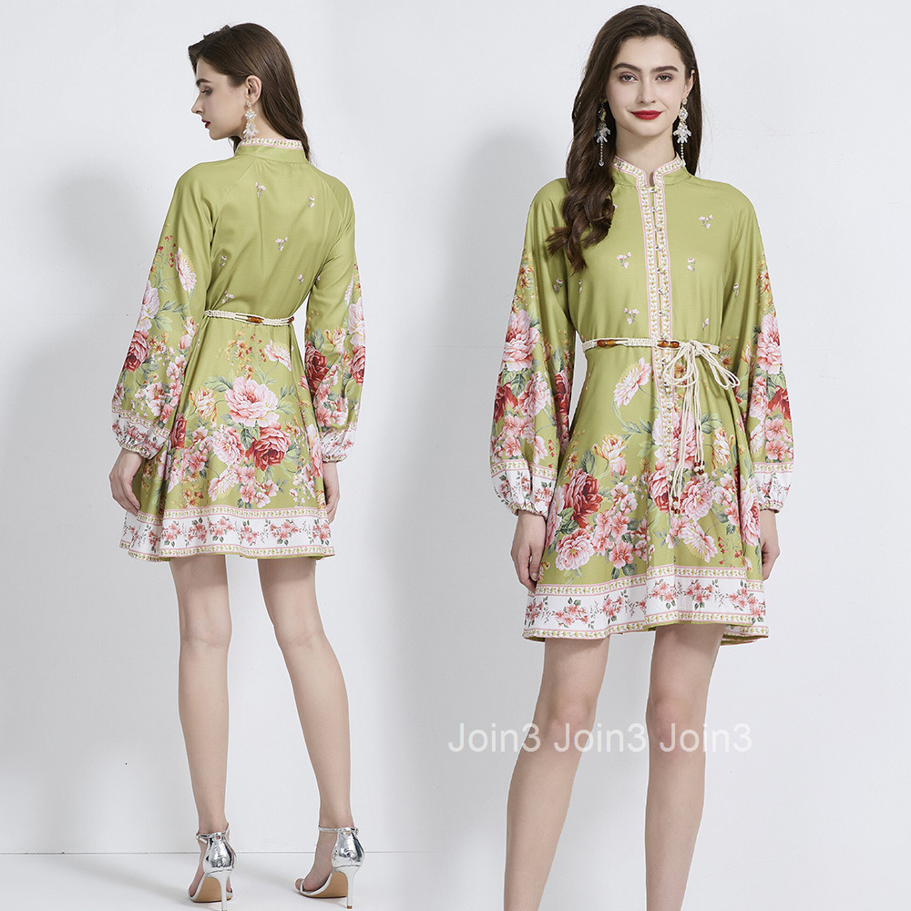 2106 Summer Autumn New Womens Clothing Stand Collar Vacation Style Lantern Sleeve Printed Waist-Cinching Short Dress