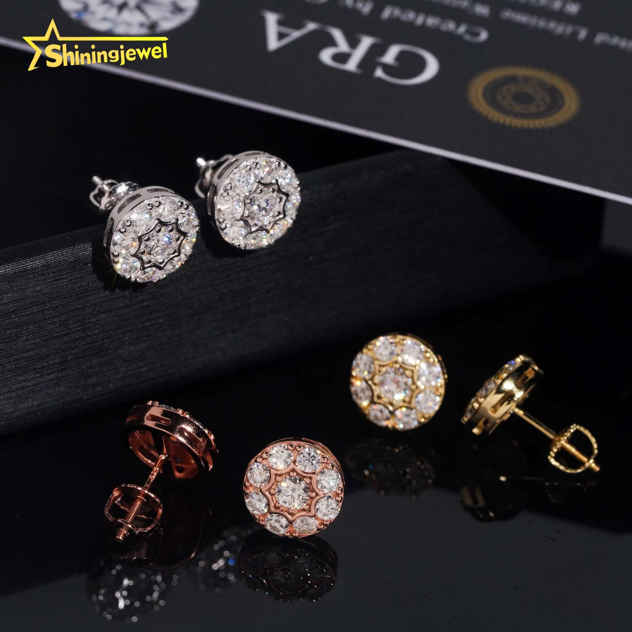 Fine Jewelry 925 Sterling Silver Ear Studs Screw Back Iced Out Hip D VVS Round Moissanite Earrings Men Women