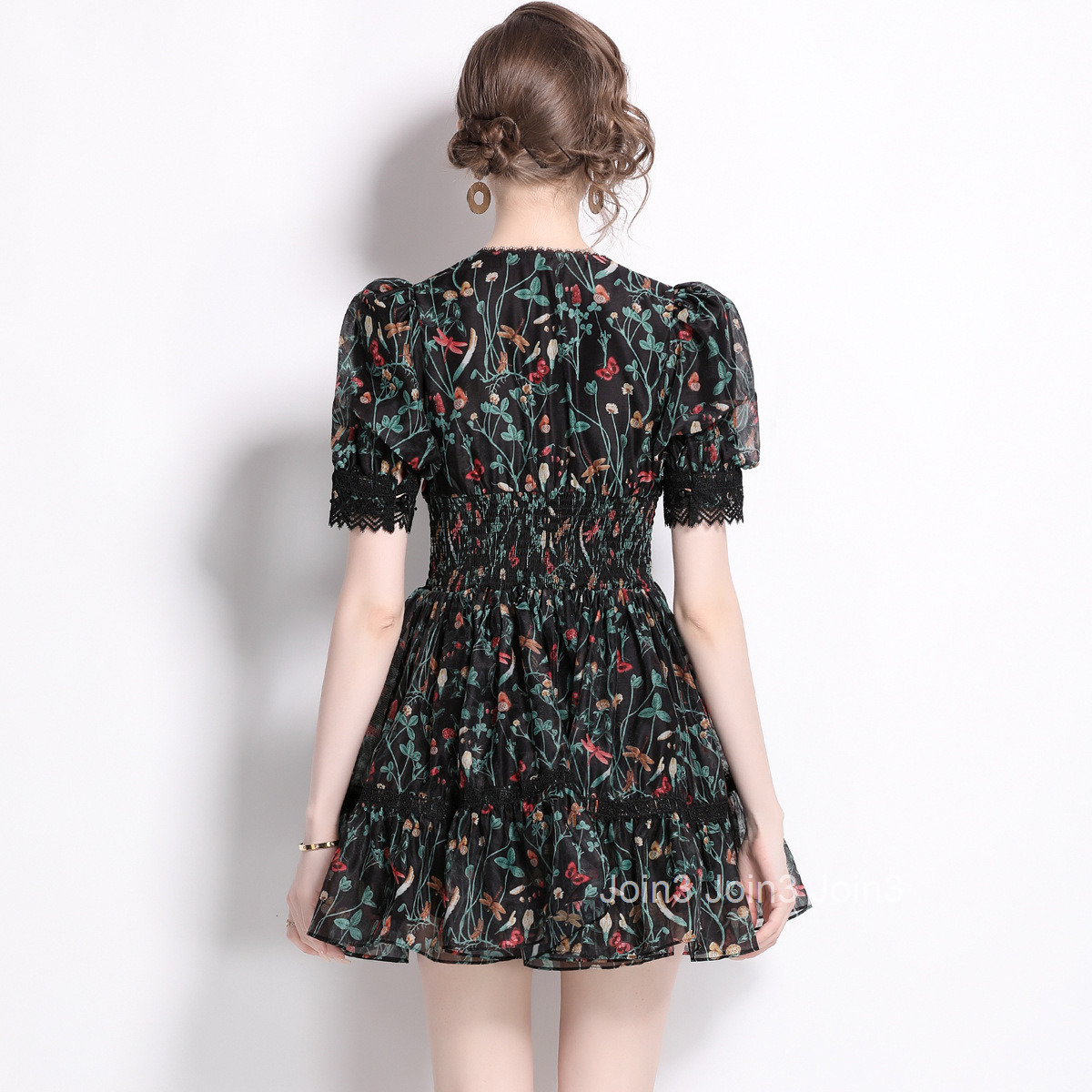 6873 Summer New Womens Fashion Elegant Printed Dress V-neck Lace Waist Slimming Short Dress