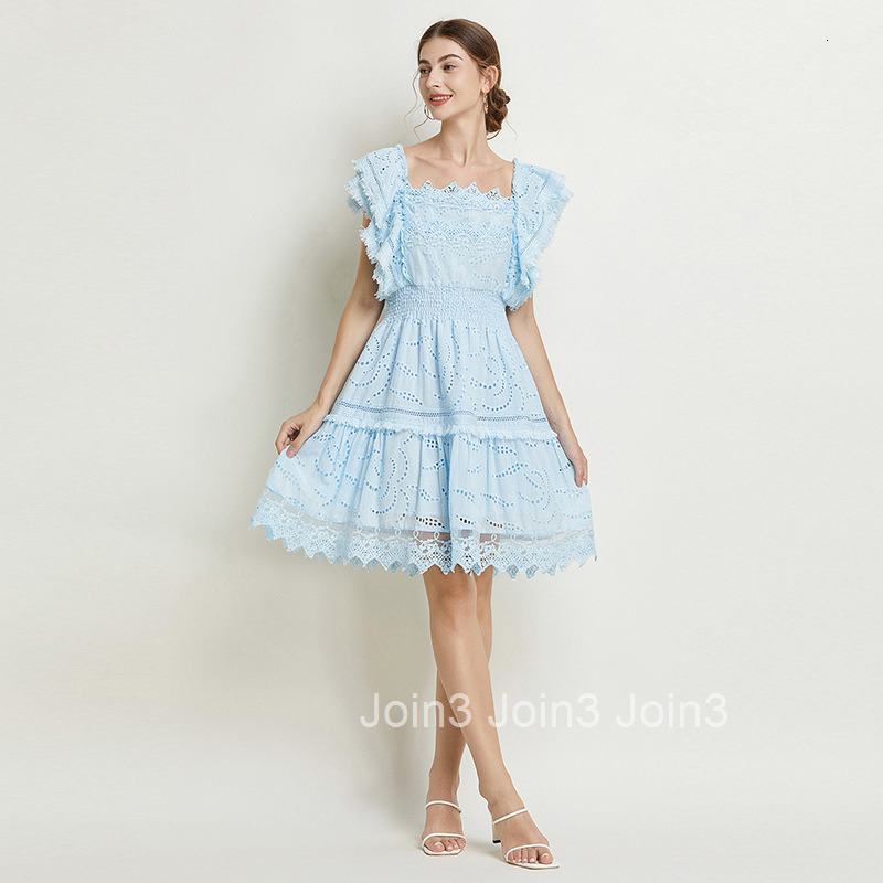 7701 Summer New Womens Fashion Elegant Solid Color Flutter Sleeve Square Neck Fashion Lace Trim Dress
