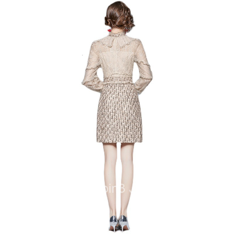 911 autumn new womens clothing nail bead embroidery ruffle lace sleeve splicing sequin coarse tweed dress