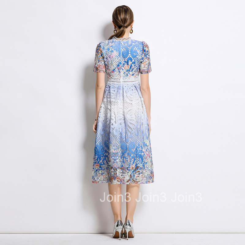 706 Fashion Slimming Hollow Water-Soluble Lace Positioning Printed Mid-Length Dress