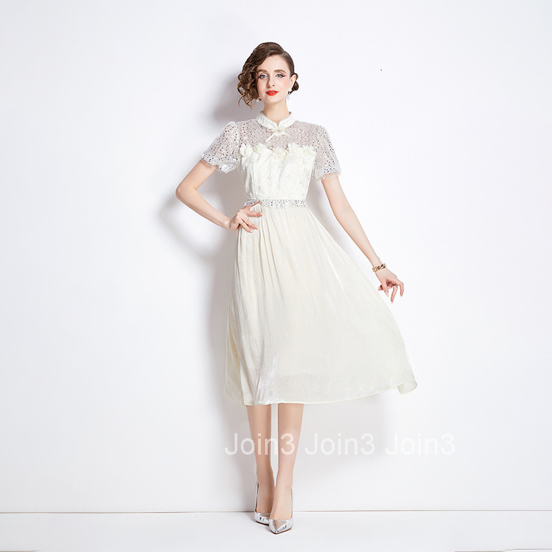 8016 Summer New Womens Fashionable Mesh Sequin Waist Slimming Long Dress