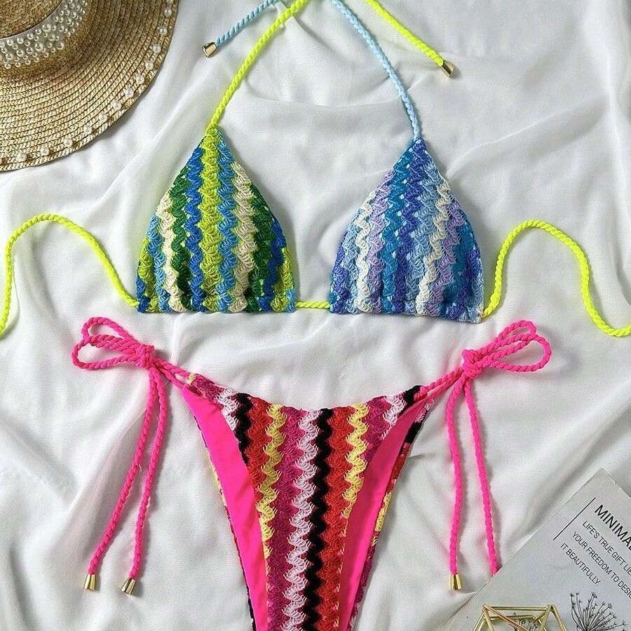 2025 New Knitted Rope Bikini Beach Women Two-Piece Tie Swimsuit