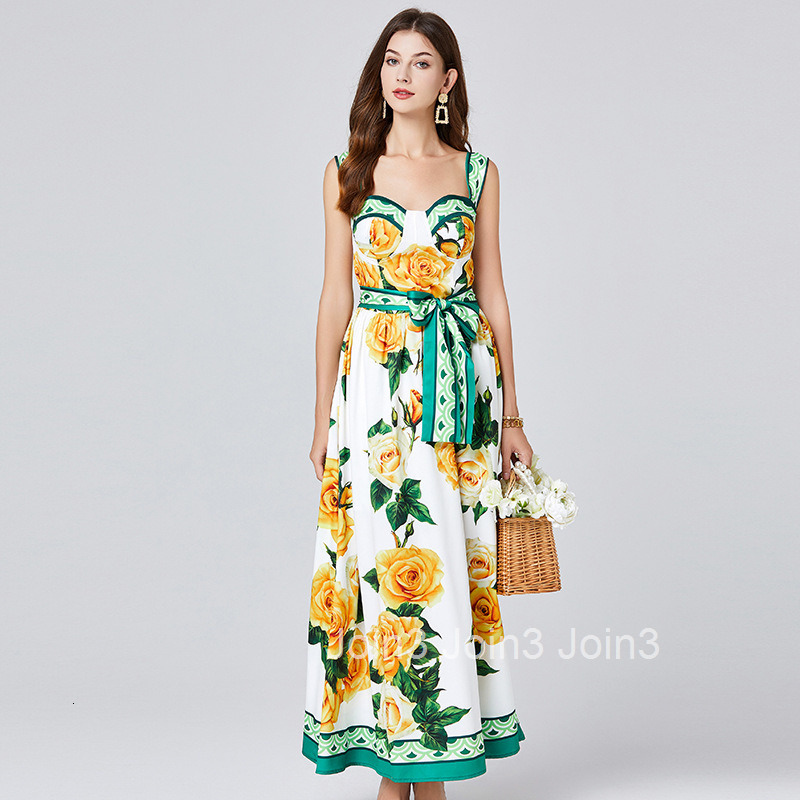 697 Summer New Womens Fashion Elegant Printed Strap Long Dress Slim Fit High Waist Flared Dress