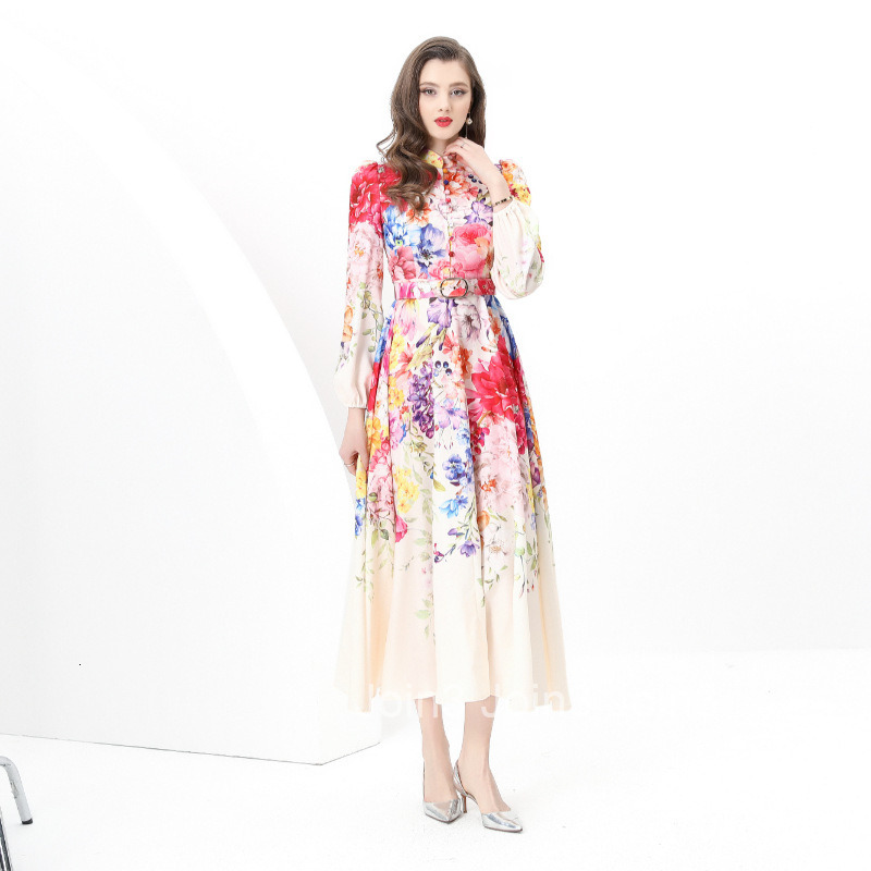8860 Early Spring New Womens Vacation Style Stand Collar Single Breasted Printed Flared Long Dress