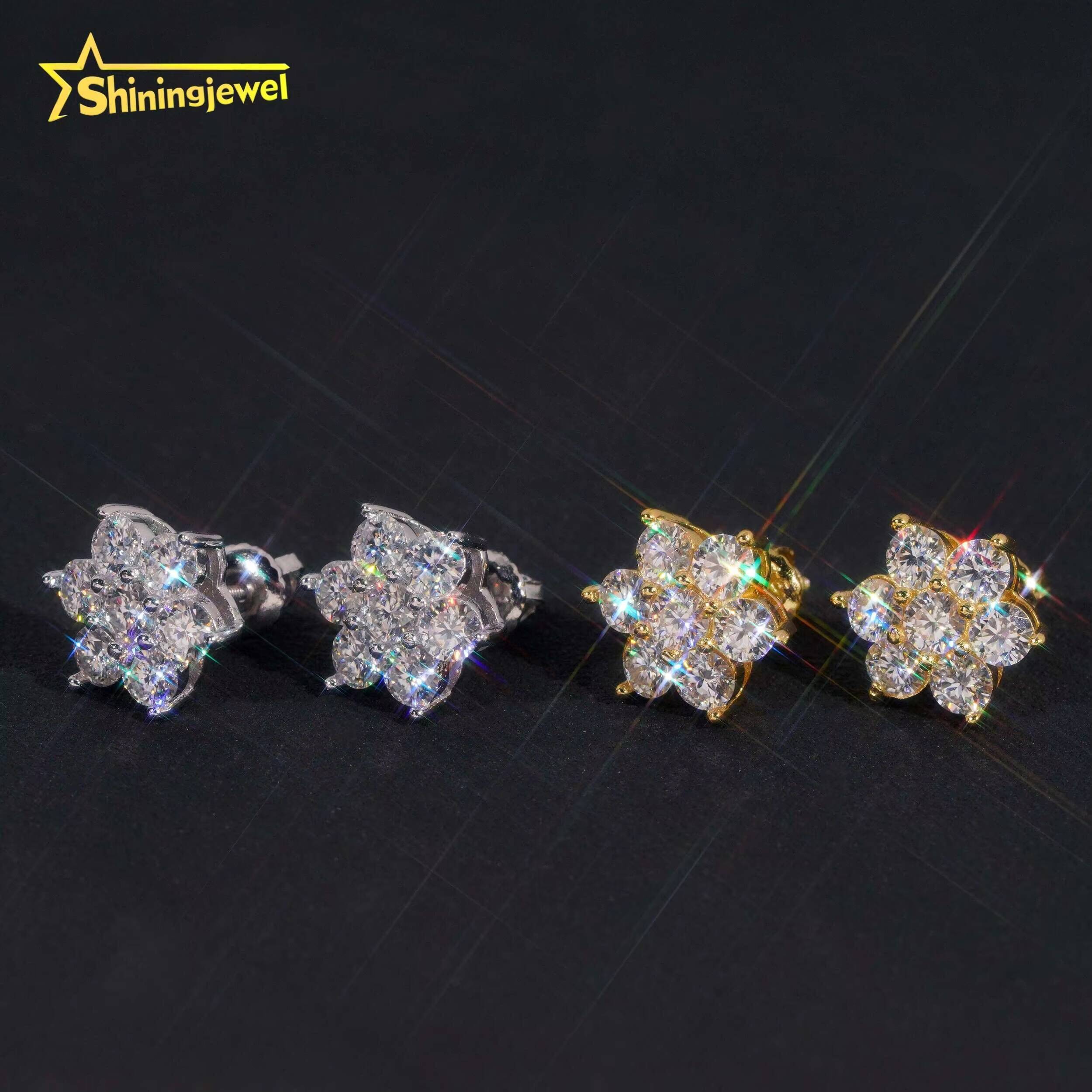 Hip Hop Mens Screw Back Cluster Snowflake 925 Sterling Silver Gold Plated Moissainte Stud Earrings