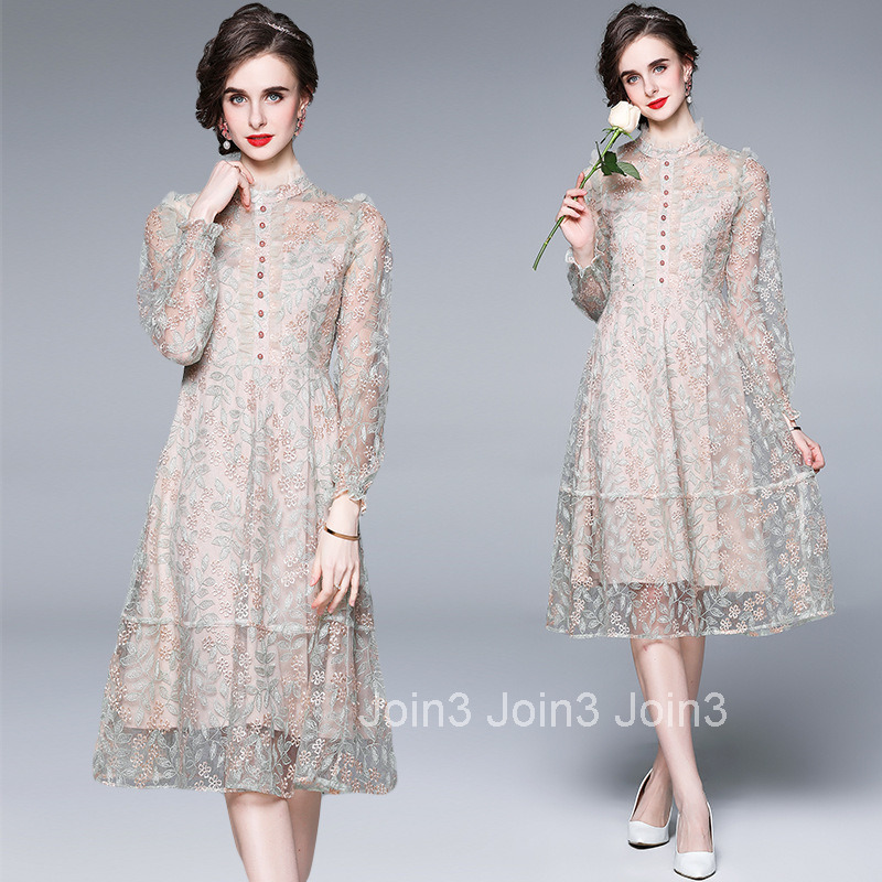 9943 Spring and Autumn womens clothing elegant mesh embroidery long sleeves slim fit slimming mid length dress