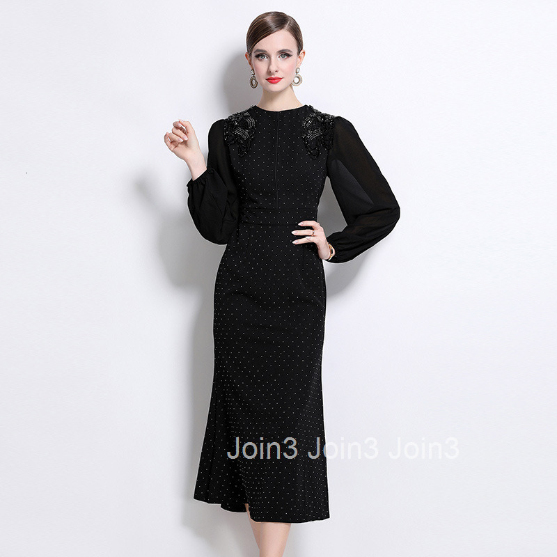 8801 New Elegant Heavy Rhinestone Round Neck Lantern Sleeve Long Dress