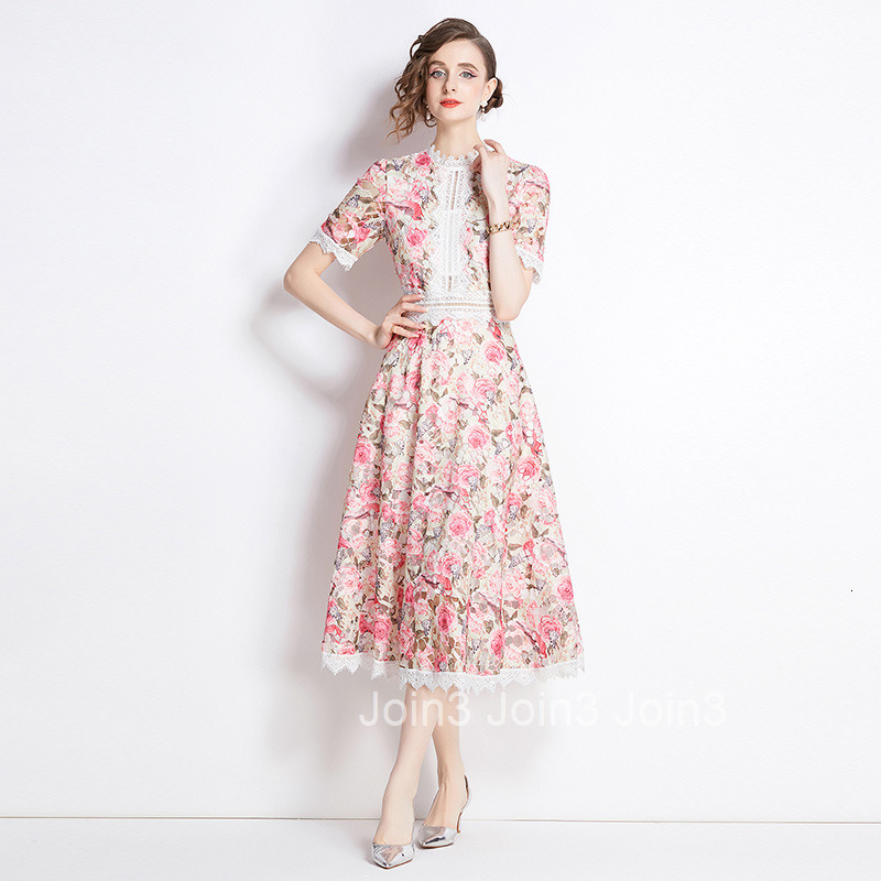 6949 Summer New Womens Elegant Lace Splicing Printed Waist Collection Dress