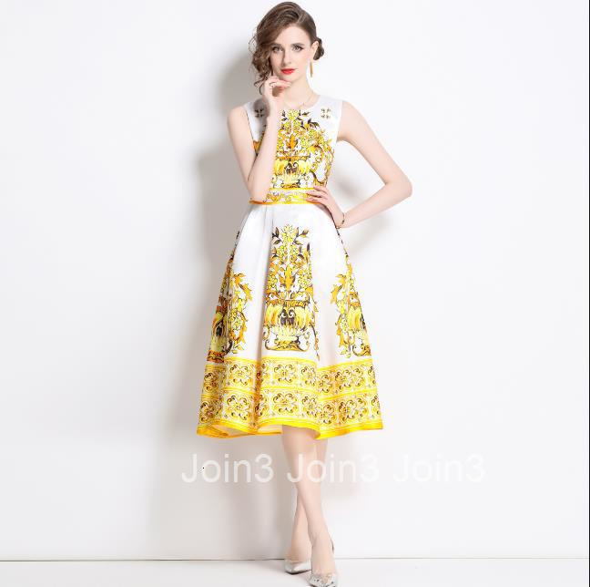 9016 Waist Slimming Sleeveless Printed Midi Dress