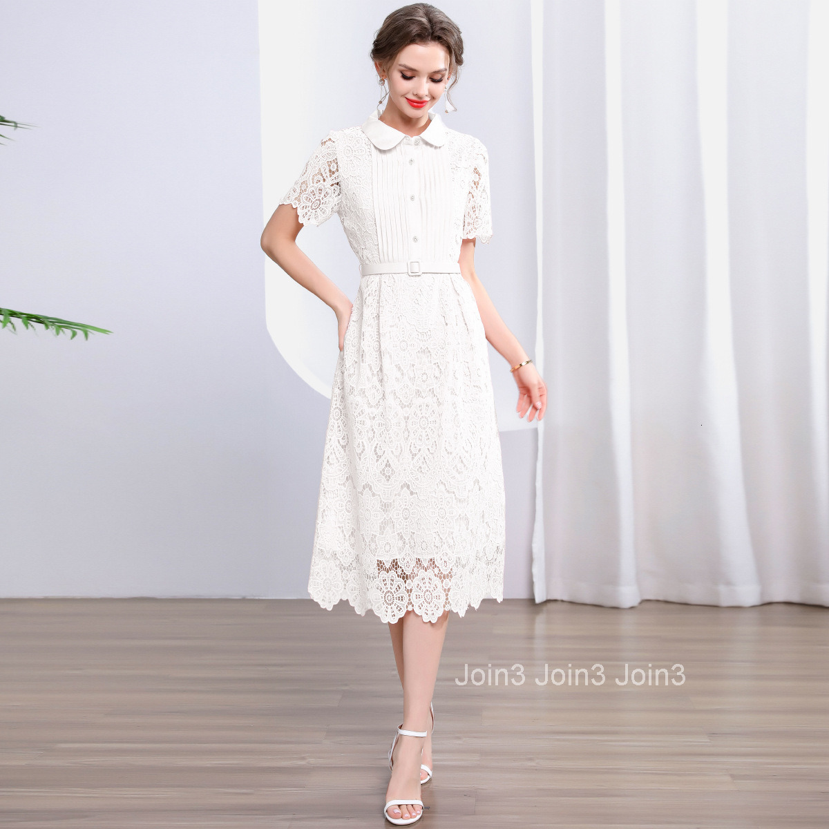 5868 Summer New Womens Long Dress Elegant Slim Waist Hollow Lace Dress