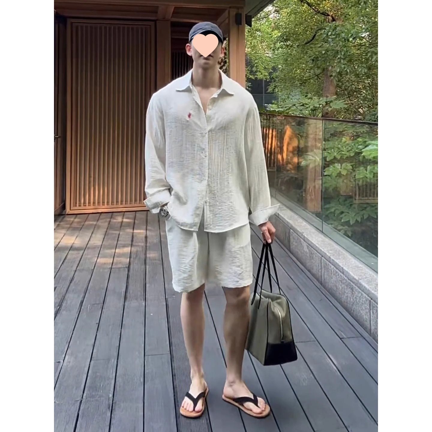 Old Money Style Sun Protection Linen Set for Men Summer Small Horse Logo Embroidered Long Sleeve Loose Lazy Draped Texture Shirt