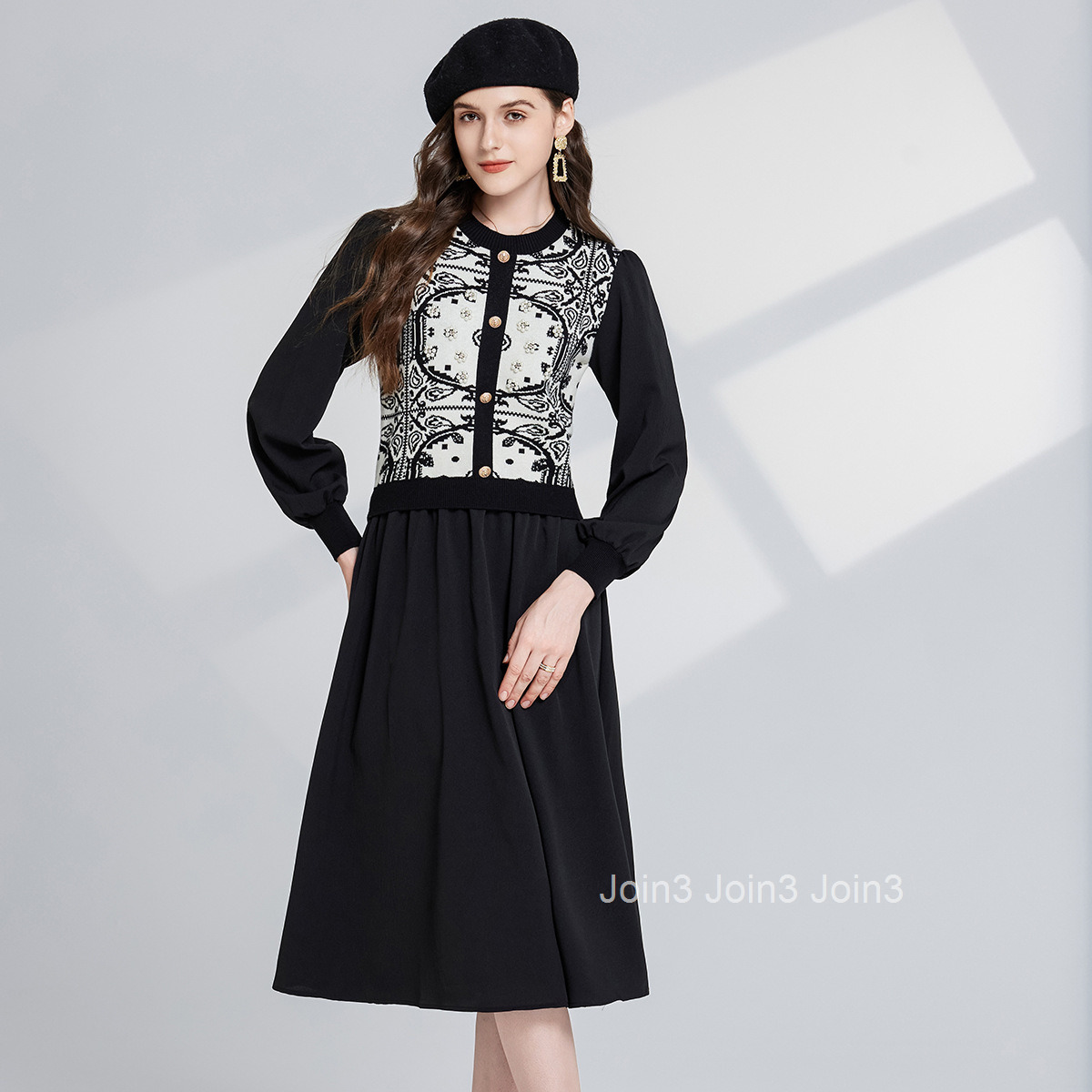5389 Autumn/Winter New Womens Classic Jacquard Pattern Round Neck Long Sleeve Waist Splicing Dress