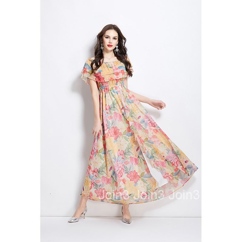 2695 Spring Summer New Ruffle Off-Shoulder Waist-Cinching Flared Beach Dress with Slit Chiffon Dress